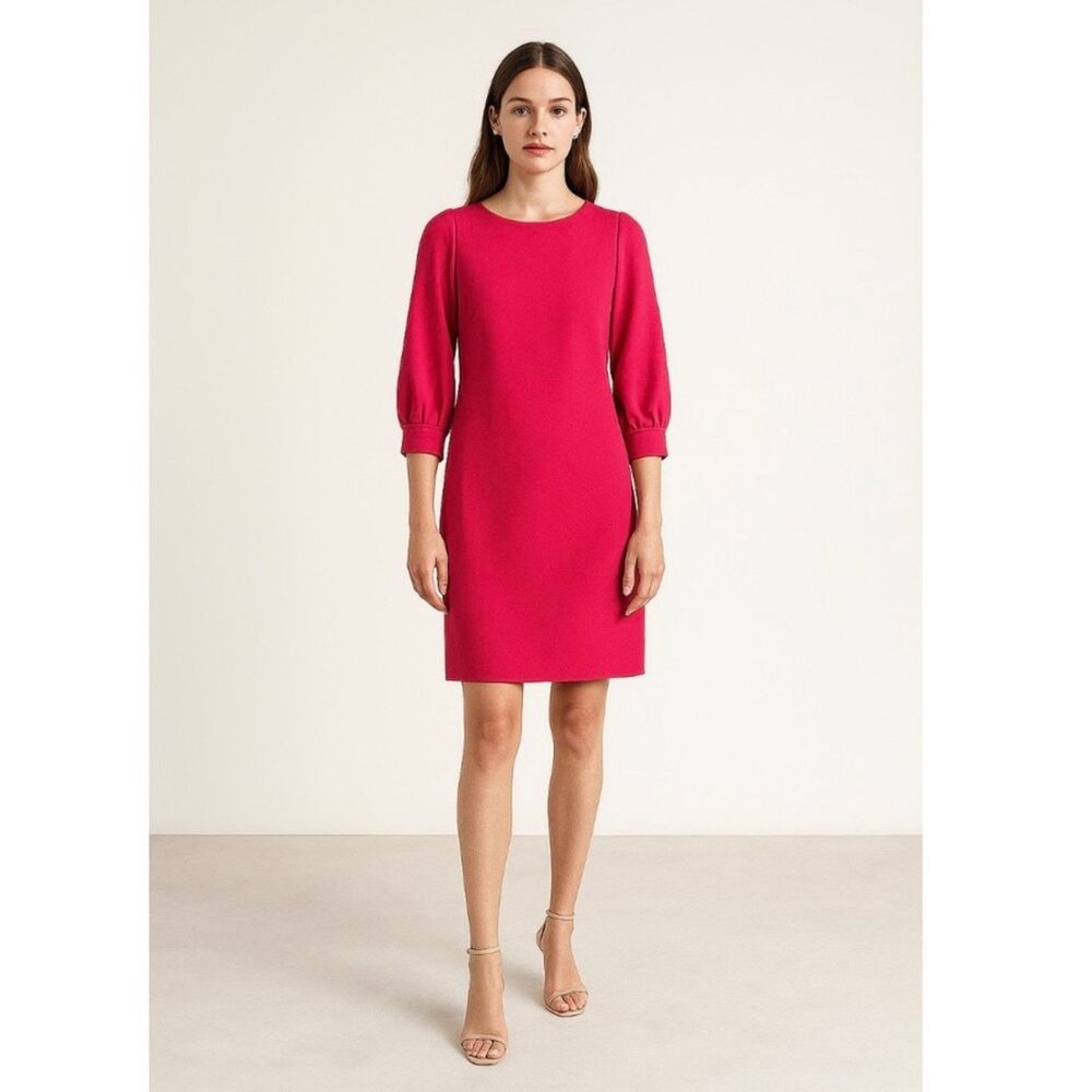 Laura Bernal Hot Pink Puff Sleeve Shift Dress 42 US 10 Elegant Chic Cocktail